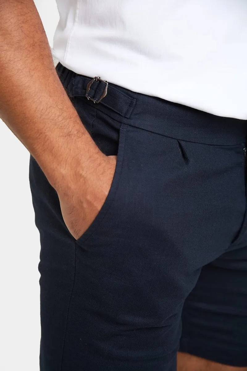 Linen Blend Side Adjuster Shorts in Navy